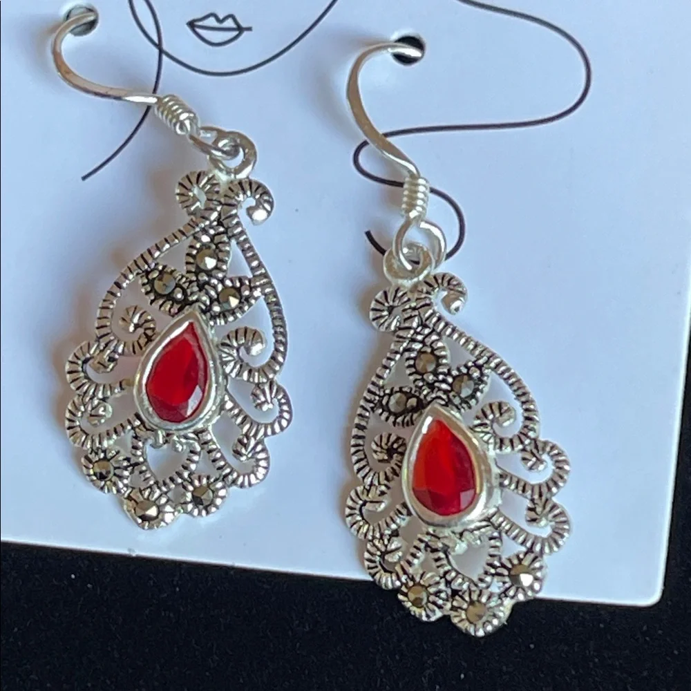 Silver Filigree Teardrop Earrings with Red Accent - Picture 4 of 4